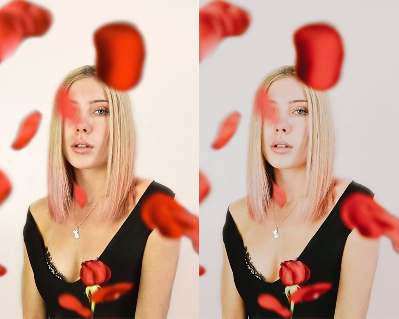 Puede incluir: Una mujer con cabello rubio y reflejos rosados lleva una blusa negra de cuello en V con un collar plateado. Est&aacute; sosteniendo una sola rosa roja con hojas verdes. P&eacute;talos de rosa roja caen a su alrededor.