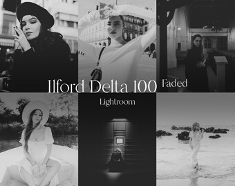 Puede incluir: Un collage de fotos en blanco y negro con cuatro imágenes diferentes de personas en diversos entornos. El texto "Ilford Delta 100 Faded Lightroom" se muestra en el centro del collage.