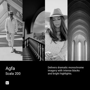 May include: A black and white image collage featuring three different scenes. The first scene shows a person wearing a white shirt and sunglasses walking on a white tiled floor. The second scene shows a balcony with a railing and a view of a city skyline. The third scene shows a person wearing a hat and a polka dot shirt standing in a doorway with arched windows. The text "Agfa Scala 200" is displayed below the image.