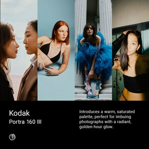 Peut inclure: Image promotionnelle pour le film Kodak Portra 160 III. L'image est divisée en quatre sections verticales, chacune présentant un modèle différent. Le texte indique : « Introduit une palette chaude et saturée, parfaite pour imprégner les photographies d'une lueur dorée et radieuse. »
