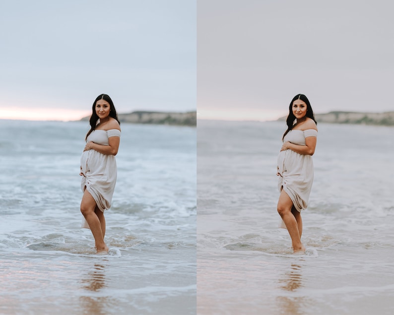 Puede incluir: Una persona embarazada con un vestido blanco de hombros descubiertos se encuentra de pie en las olas del oc&eacute;ano. La persona sonr&iacute;e y mira a la c&aacute;mara.