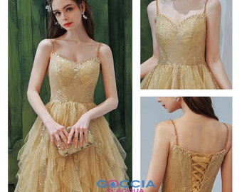 Golden Bridesmaid Dress / Banquet women's evening Dress performance /Bridesmaid group suspender dress / bridal gown/ host Dress -012