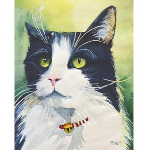 Black and white tuxedo cat fine art print, gift for cat lover, watercolor pet portrait