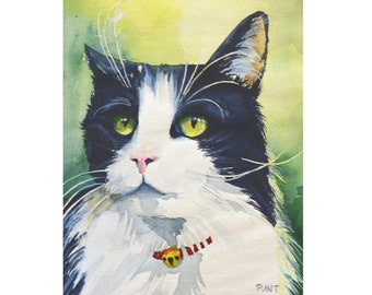 Tuxedo Cat Art Print: Black and White Watercolor Pet Portrait