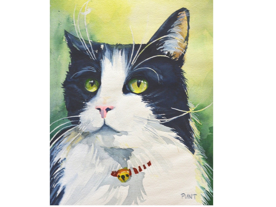 Tuxedo Cat Art Print: Black and White Watercolor Pet Portrait - Etsy