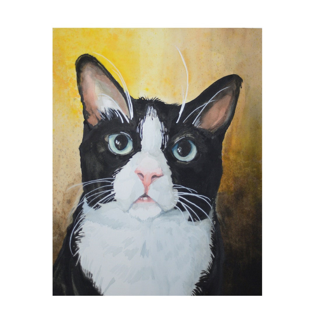 Black and White Tuxedo Cat Print of Watercolor Painting, Pet Portrait ...