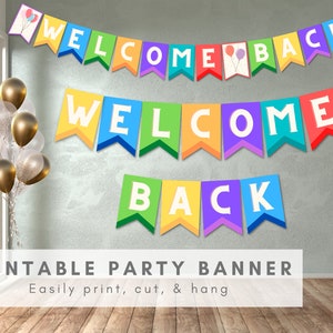 以下が含まれることがあります： 虹色の「Welcome Back」の文字が書かれたカラフルな印刷可能なパーティーバナー。バナーは小さな風船で飾られています。「Printable Party Banner」と「Easily print, cut, & hang」のテキストも含まれています。