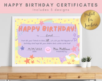 Happy Birthday Certificates, Pastel Theme, Perfect for Teachers, Instant Download