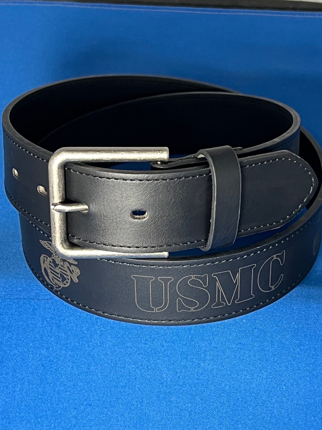 USMC Laser Engraved Black Leather Belt Etsy