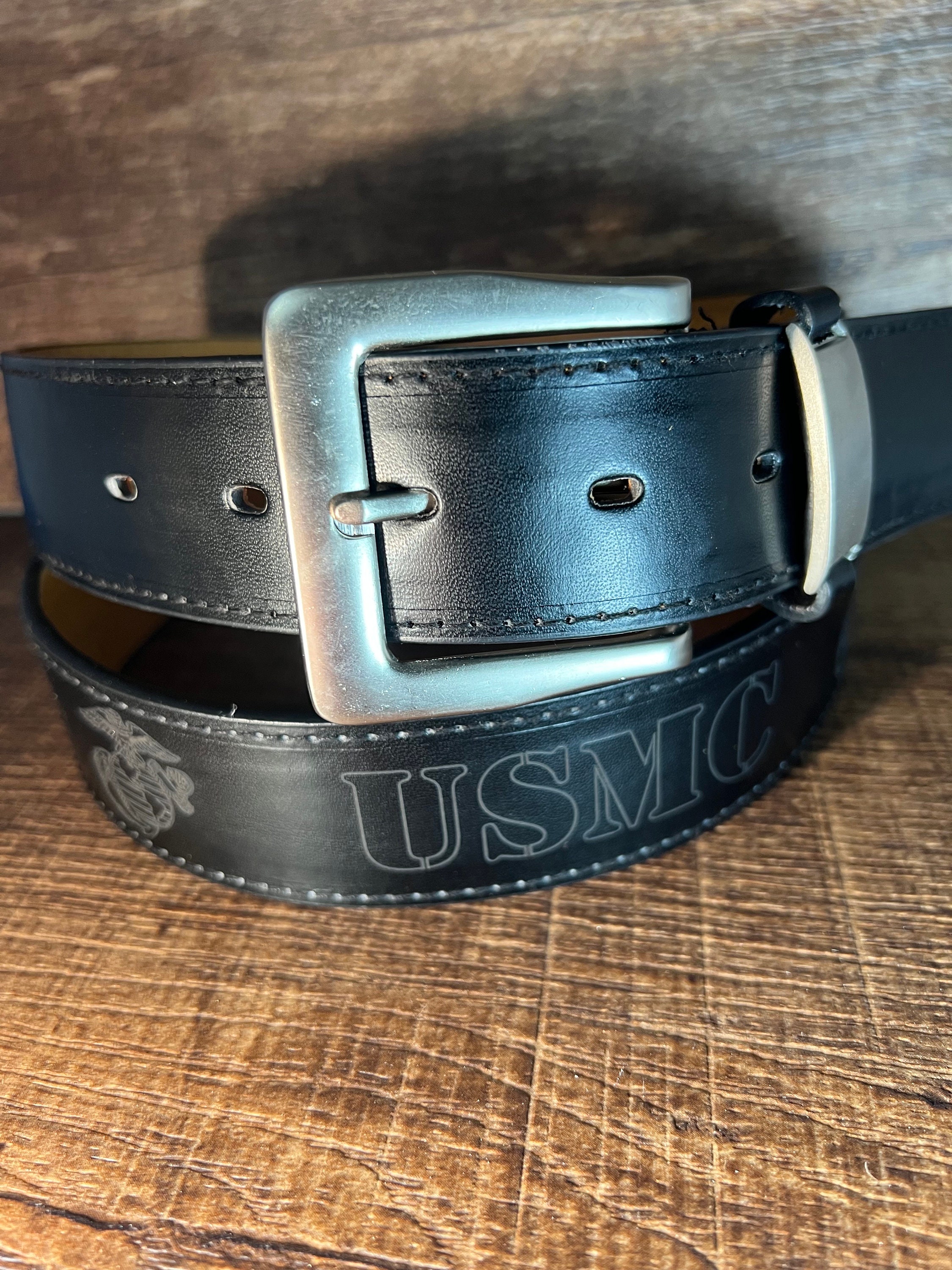 USMC Laser Engraved Black Leather Belt Etsy