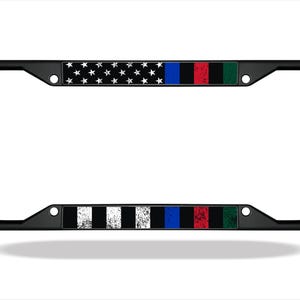 May include: Black metal license plate frame with a thin blue line, red, and green stripe, and a white and black American flag with stars.
