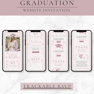Puede incluir: Una invitación digital para el sitio web de graduación que se muestra en cuatro teléfonos inteligentes. El diseño presenta un fondo a rayas rosas y blancas con texto y gráficos en una combinación de colores a juego. La invitación incluye el texto "Graduation Website Invitation" y "Trackable RSVP".