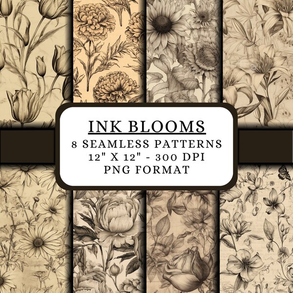 8 Seamless Ink Flowers | Ink Floral Digital Paper | Parchment Flowers | Printable Art | Scrapbook Backgrounds