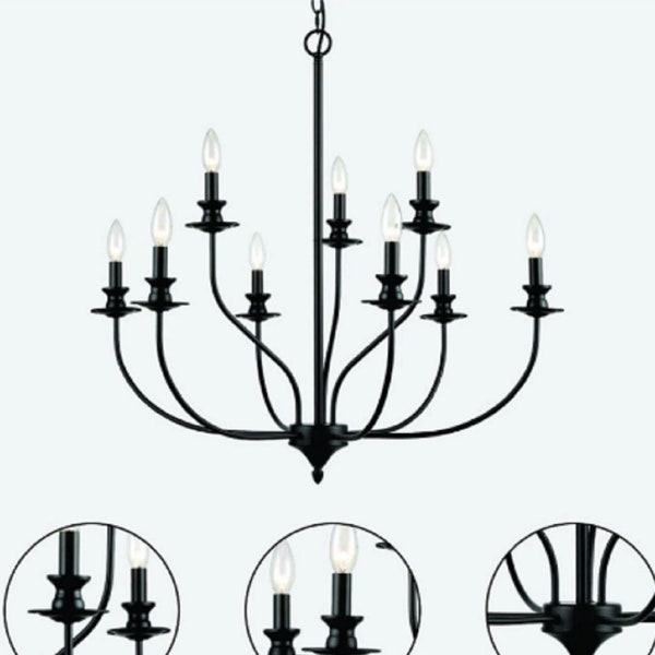 9-Light Candle Style Chandelier, Modern Farmhouse Chandelier For Dining Room, Black Metal Chandelier For Kitchen Island