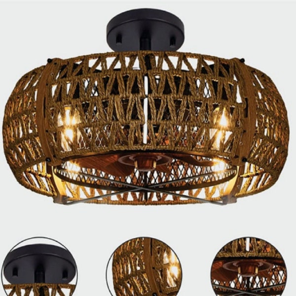 Farmhouse Antique Wood Ceiling Fan, Caged Ceiling Fandelier with Lights and Remote, Perfect For Kitchen, Bedroom and Dining Room