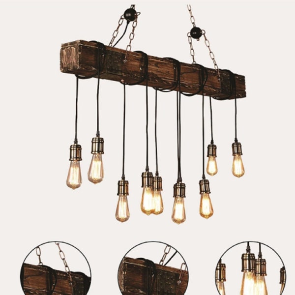 Farmhouse Chandelier Rustic light, Dining room light Fixture, Island Bar Retro hanging lamp, wooden Lamp with 10 Bulbs.