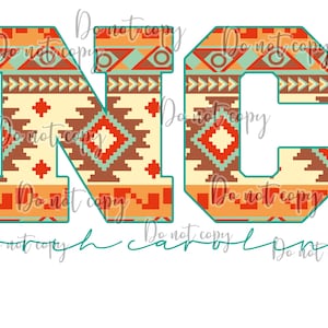 May include: A graphic design featuring the letters "NC" in a bold, blocky font. The letters are filled with a colorful geometric pattern reminiscent of Native American art. The colors used are orange, red, brown, beige, and teal.