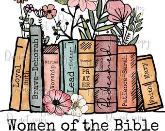 Mujeres de la Biblia diseño digital PNG de alta resolución fondo transparente sublimación pantalla dtf libros florales dibujados a mano