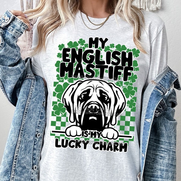 My English mastiff is my lucky charm - High Resolution PNG digital design DTF & Sublimation- St Patrick’s Day Shamrock Clover dog