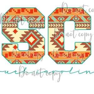 Iniciais do estado da Carolina do Sul letras maiúsculas Padrão asteca verde-azulado país ocidental alta resolução png design digital sublimação DTF