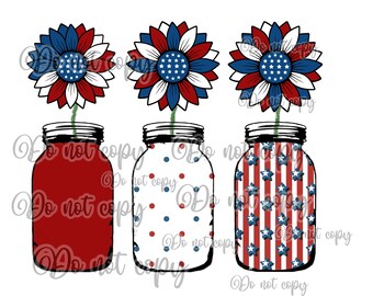 Red white and blue Americana American flag mason jars sunflowers hand drawn digital art high resolution PNG digital design sublimation