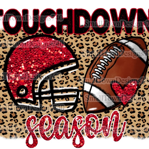 Touchdown season red sparkles glitter digital design hand drawn art football helmet cheetah customize by adding your school mascot or logo
