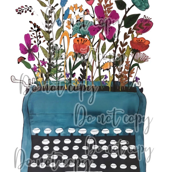 Vintage typewriter blue watercolor painting floral high resolution png digital design transparent background sublimation dtf book reading