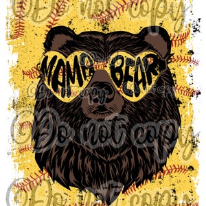 May include: A brown bear wearing heart-shaped sunglasses with the text "Mama Bear" on them. The bear is set against a yellow and red background with a distressed, grunge effect.