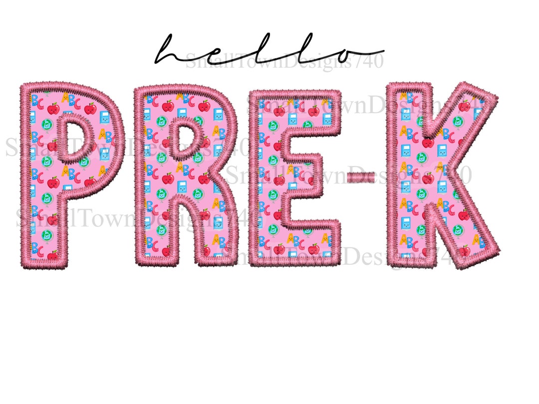 Hello PRE-K Kindergarten Preschool Pink Faux Embroidery High Resolution ...