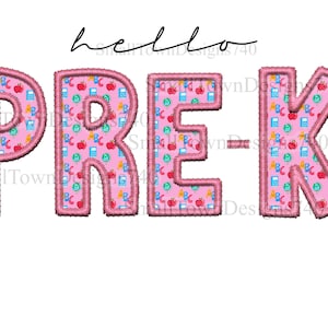 Hello PRE-K kindergarten preschool pink faux embroidery high resolution pink back to school PNG digital design sublimation DTF