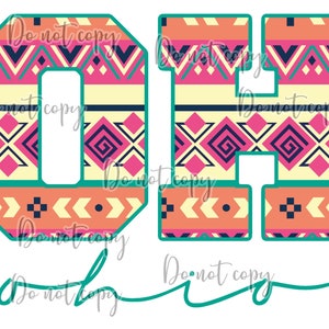 May include: The letters "OH" in a colorful geometric pattern. The letters are outlined in teal and filled with a pattern of pink, orange, yellow, and blue geometric shapes.