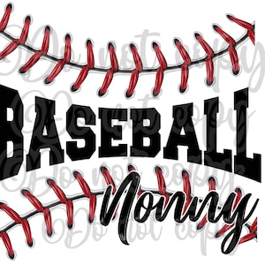 Puede incluir: Diseño gráfico en blanco y negro con el texto "Baseball Mom" y un diseño de puntadas de béisbol rojas.