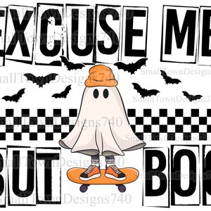 Excuse me but boo high resolution PNG design ghost beanie toboggan orange Halloween skateboard bats checkered DTG DTF sublimation & more