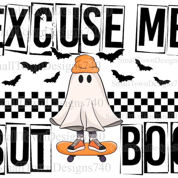 Excuse me but boo high resolution PNG design ghost beanie toboggan orange Halloween skateboard bats checkered DTG DTF sublimation & more