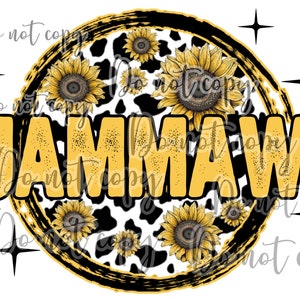 May include: A black and white cow print circle with a yellow and black sunflower design. The word "JAMMAW" is written in yellow letters inside the circle.