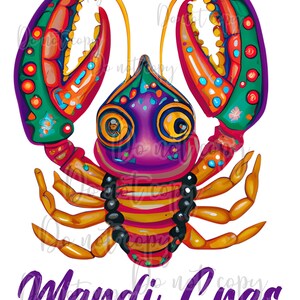 Puede incluir: Una ilustración colorida de un cangrejo de dibujos animados con cuentas de Mardi Gras y el texto "Mardi Gras 2023".