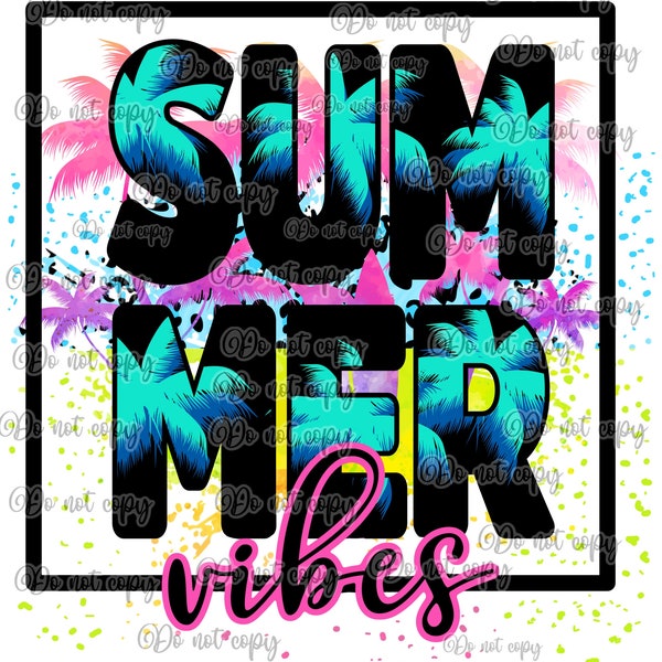 Summer vibes high resolution PNG digital design file transparent background bold neon bright vibrant classic 90s box palm trees splatter