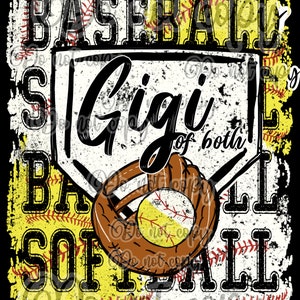 Könnte beinhalten: Eine gelbe und weiße, abgenutzte Grafik mit Baseball- und Softball-Bildern. Der Text lautet "Baseball Gigi of both Softball".