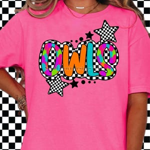 Owls Neon Mascot with Checkered print - high resolution PNG digital design - Great for Sublimation or DTF -