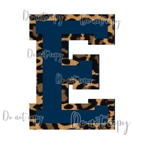 E Block letter, navy, cheetah outline, high resolution, PNG, digital file, transparent background, sublimation, DTF