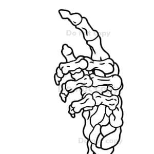 May include: A black and white line drawing of a skeletal hand pointing upwards. The hand is drawn in a detailed style, showing the bones and joints of the hand.