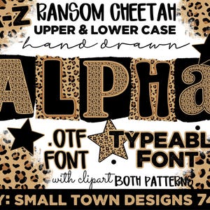 May include: A digital design featuring the word "ALPHA" in a bold, leopard print font, set against a black background. The design includes the text "RANSOM CHEETAH" and "OTF TYPEABLE FONT" with clipart, and the text "BOTH PATTERNS".
