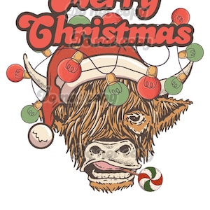 Merry Christmas heifer highland cow moo lights bulbs retro groovy vintage classic high resolution png digital file transparent background