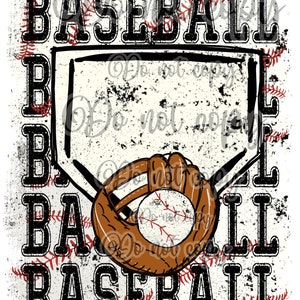 May include: A distressed black and white graphic design of a baseball glove catching a baseball. The word "BASEBALL" is repeated in a stacked design with a vintage, distressed look.