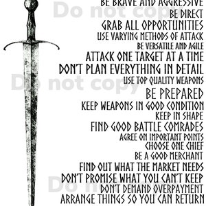 May include: Black and white illustration of a sword with a list of Viking laws. The text includes phrases like "Be brave and aggressive", "Grab all opportunities", "Attack one target at a time", "Keep weapons in good condition", "Find good battle comrades", "Be a good merchant", "Find out what the market needs", "Don't promise what you can't keep", "Keep things tidy and organized", and "Consult all members of the group for advice".