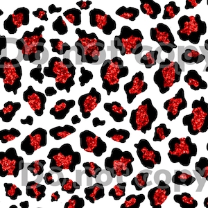 May include: Red glitter leopard print pattern on a white background.