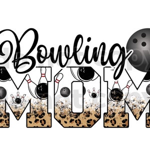 Pode incluir: Gráfico preto e branco com a palavra "Bowling" e a palavra "MOM" em letras grandes. As letras são decoradas com um padrão de leopardo e pinos e bolas de boliche.