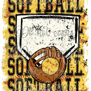 Puede incluir: Un diseño gráfico amarillo y negro con la palabra "SOFTBALL" repetida cuatro veces. El gráfico presenta un guante de béisbol con una pelota de béisbol dentro y un plato de home.