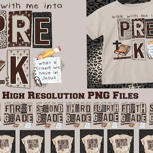 以下が含まれることがあります： 茶色とヒョウ柄のデザインで「walk with me into PRE K」と書かれたベージュ色のTシャツ。十字架、聖書、鉛筆、そして「what a friend we have in Jesus」と書かれたメモが含まれています。