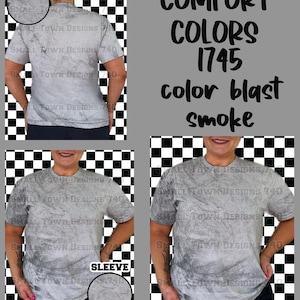 May include: A grey Comfort Colors t-shirt with a colour blast smoke design. The shirt has a crew neck and short sleeves. The text "COMFORT COLORS 1745 color blast smoke" is visible in the image.